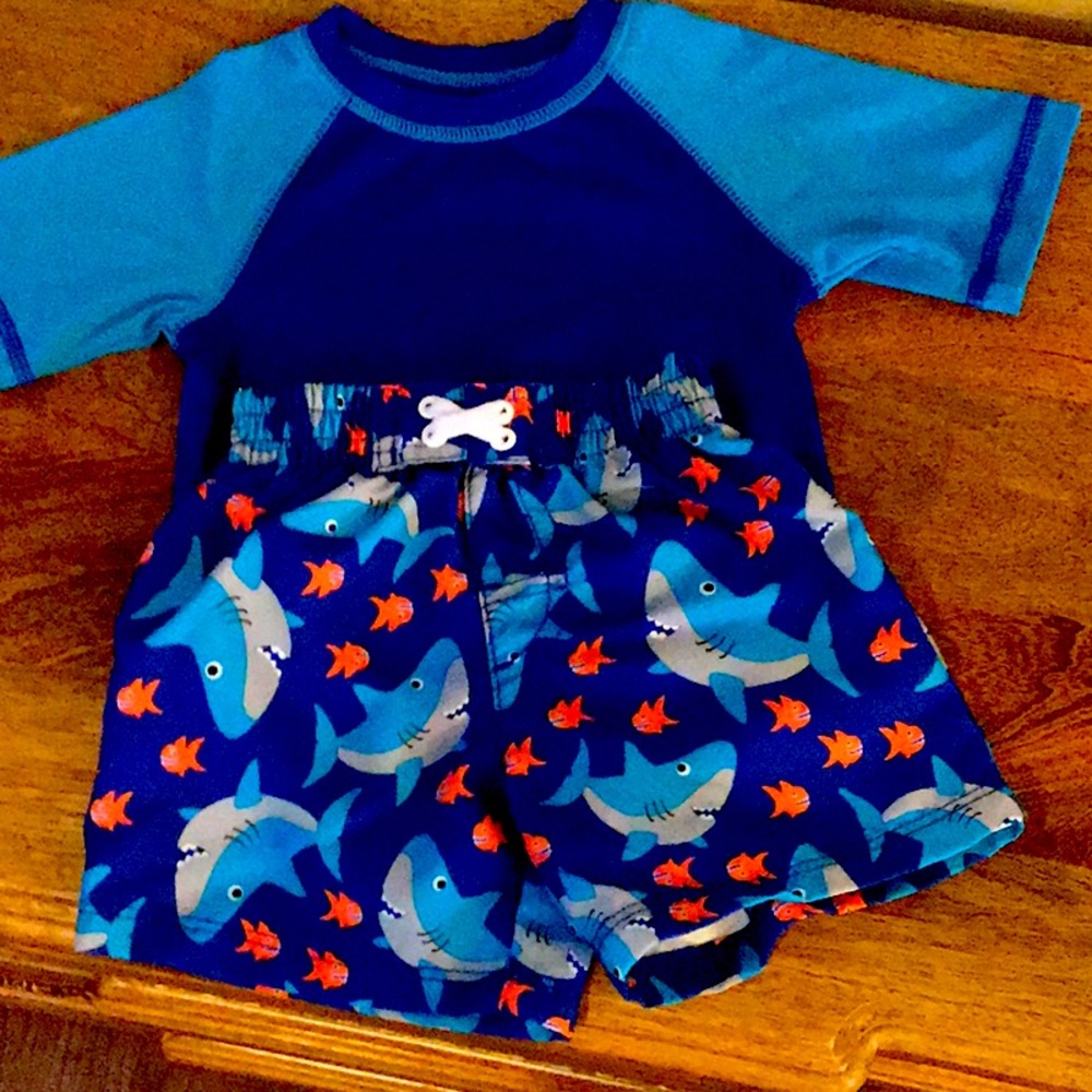340 🦈GUC OP Baby Boy Shark Swim Trunks & Rash Guard 0-3 Months🦈